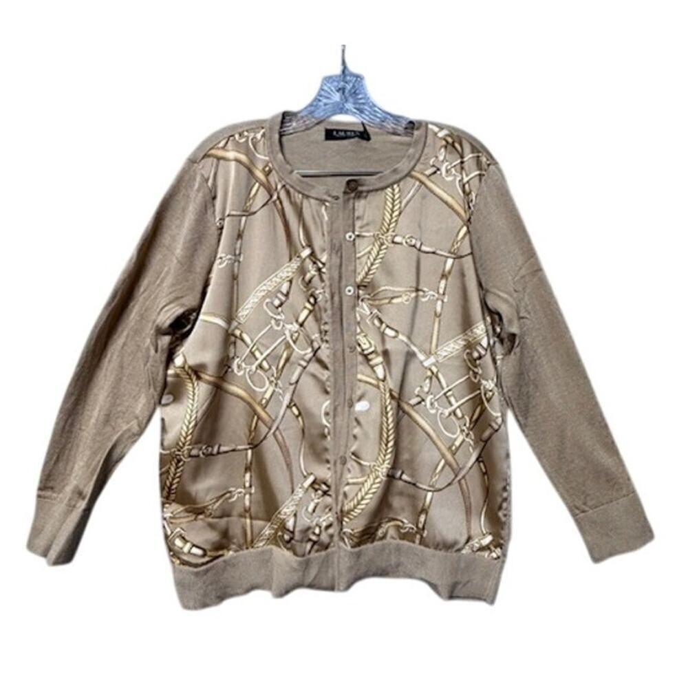 Ralph Lauren Sweater Top Cardigan Equestrian-Print Crew Neck 1X
